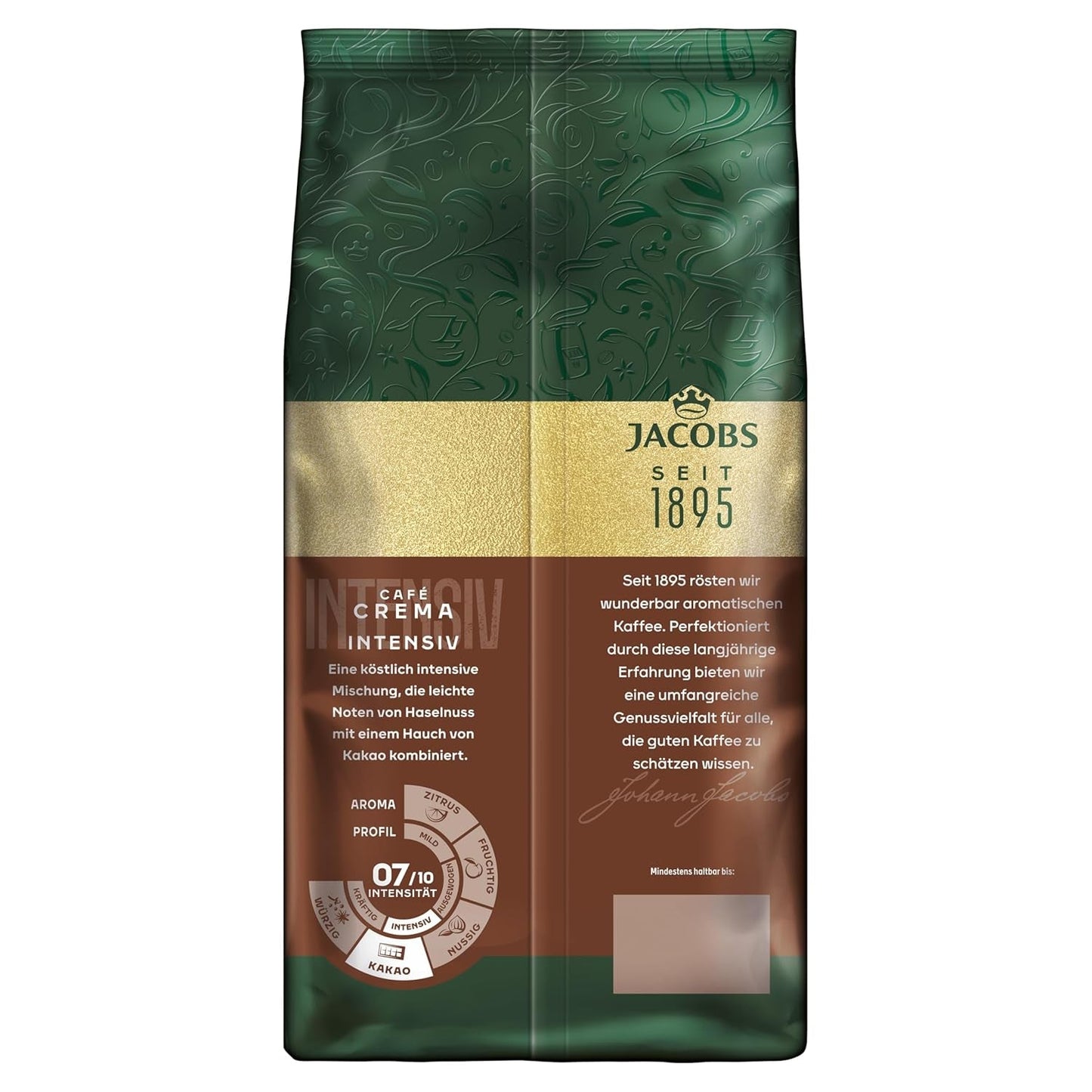 Jacobs Kaffeebohnen Café Crema Intense, intenzivní s Kakao- & Nussnote, geröstet v Brémách, Intensität 7/10, Kaffee ganze Bohnen, 1 kg