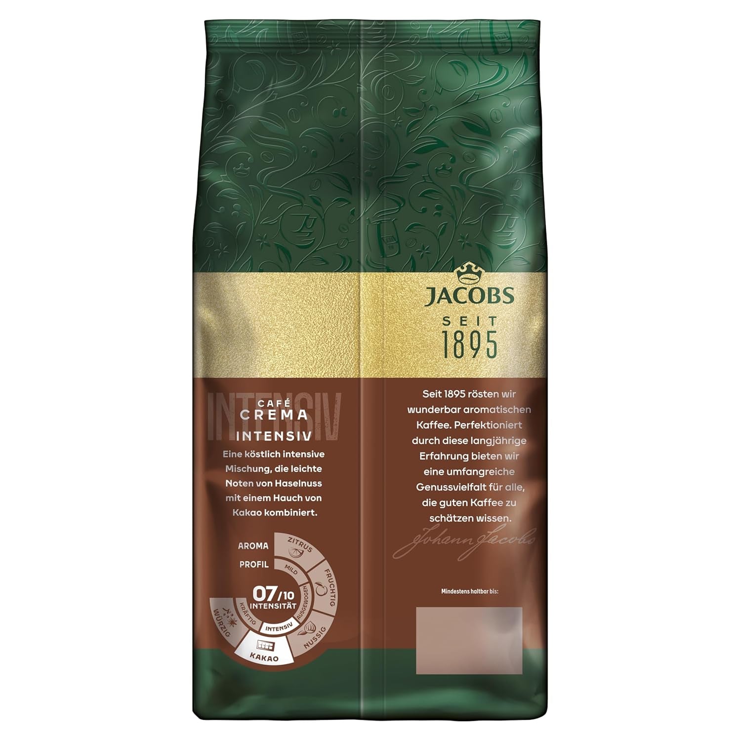 Jacobs Kaffeebohnen Café Crema Intense, intenzivní s Kakao- & Nussnote, geröstet v Brémách, Intensität 7/10, Kaffee ganze Bohnen, 1 kg