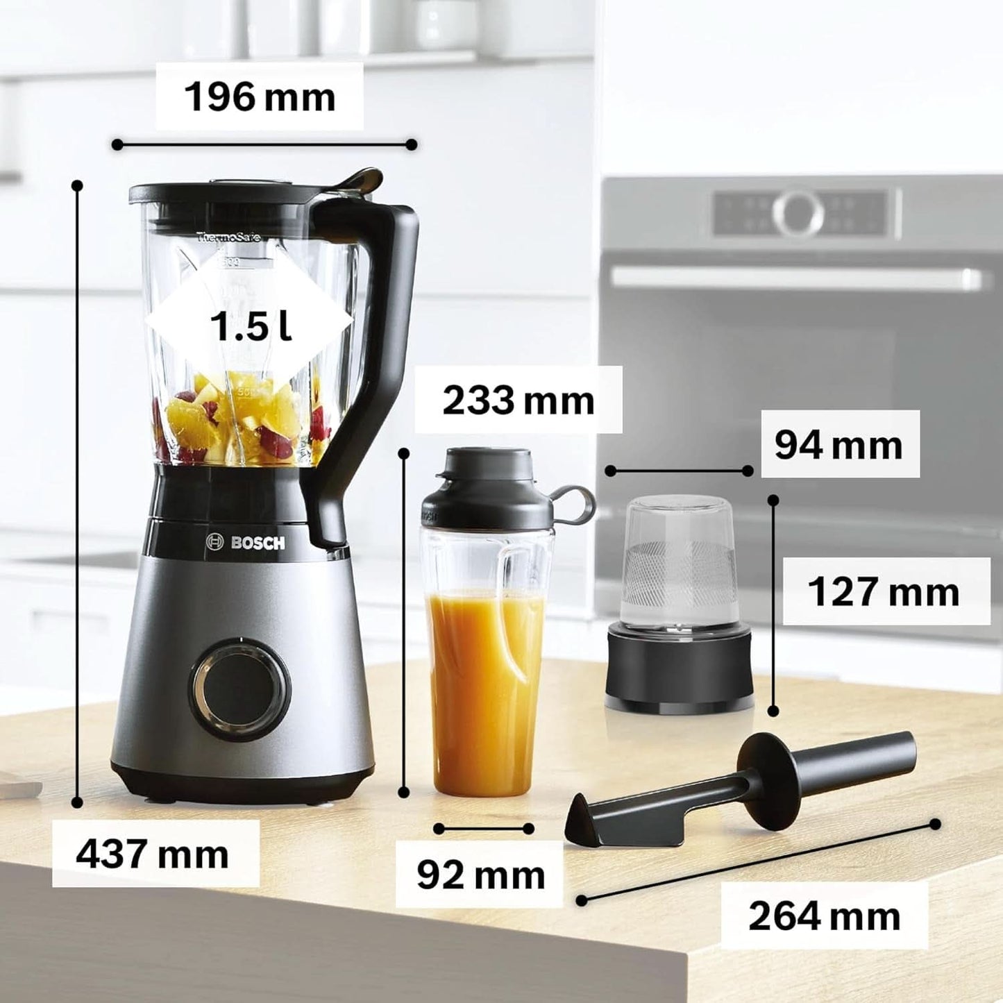 Bosch Standmixer Vitapower Serie 4 MMB6177S, Edelstahl-Klingen Made in Germany, 1,5L Thermosafe Glasbehälter, 0,6L To-Go-Flasche, Stopfer, Universalzerkleinerer, 30 000 U/Min, 1200 W, Silver Kitchen Naty Shop
