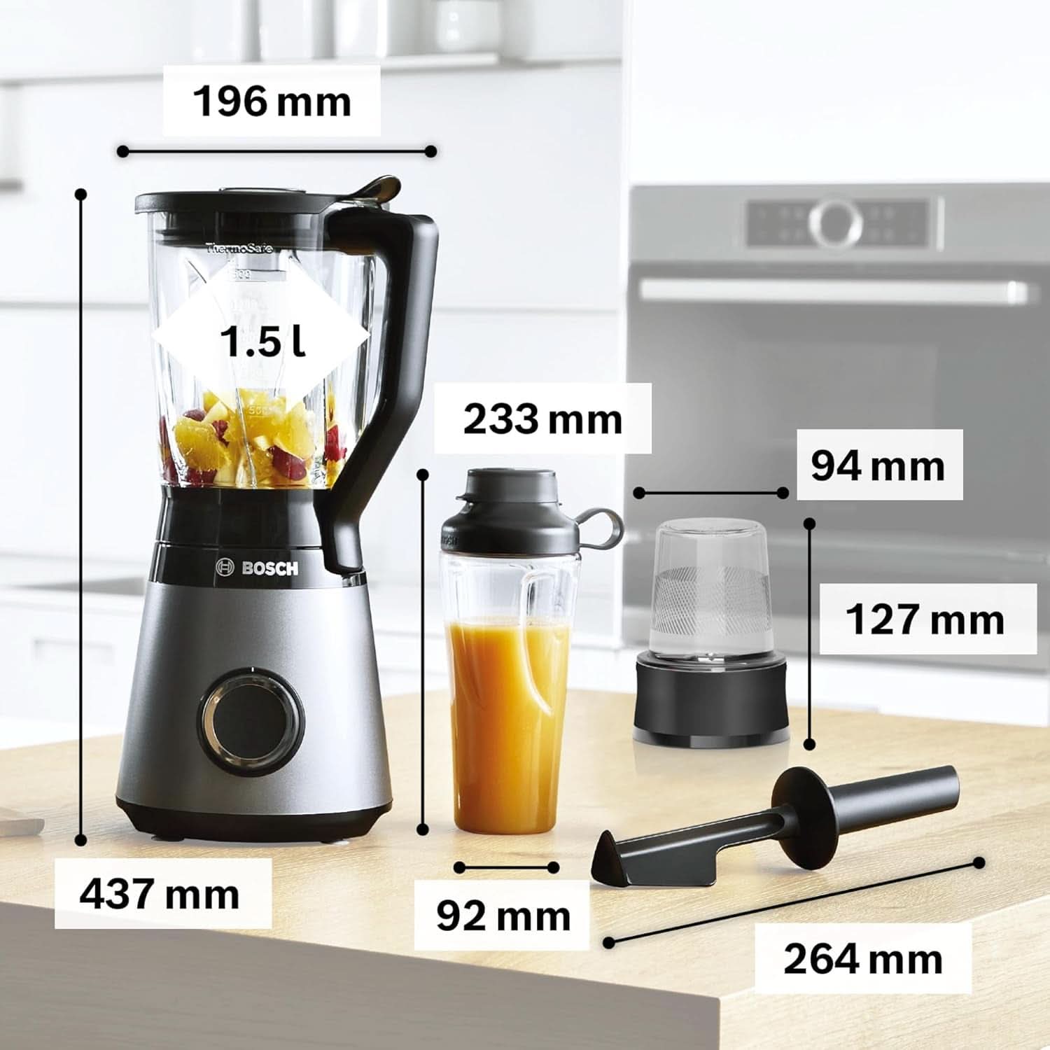 Bosch Standmixer Vitapower Serie 4 MMB6177S, Edelstahl-Klingen Made in Germany, 1,5L Thermosafe Glasbehälter, 0,6L To-Go-Flasche, Stopfer, Universalzerkleinerer, 30 000 U/Min, 1200 W, Silver Kitchen Naty Shop