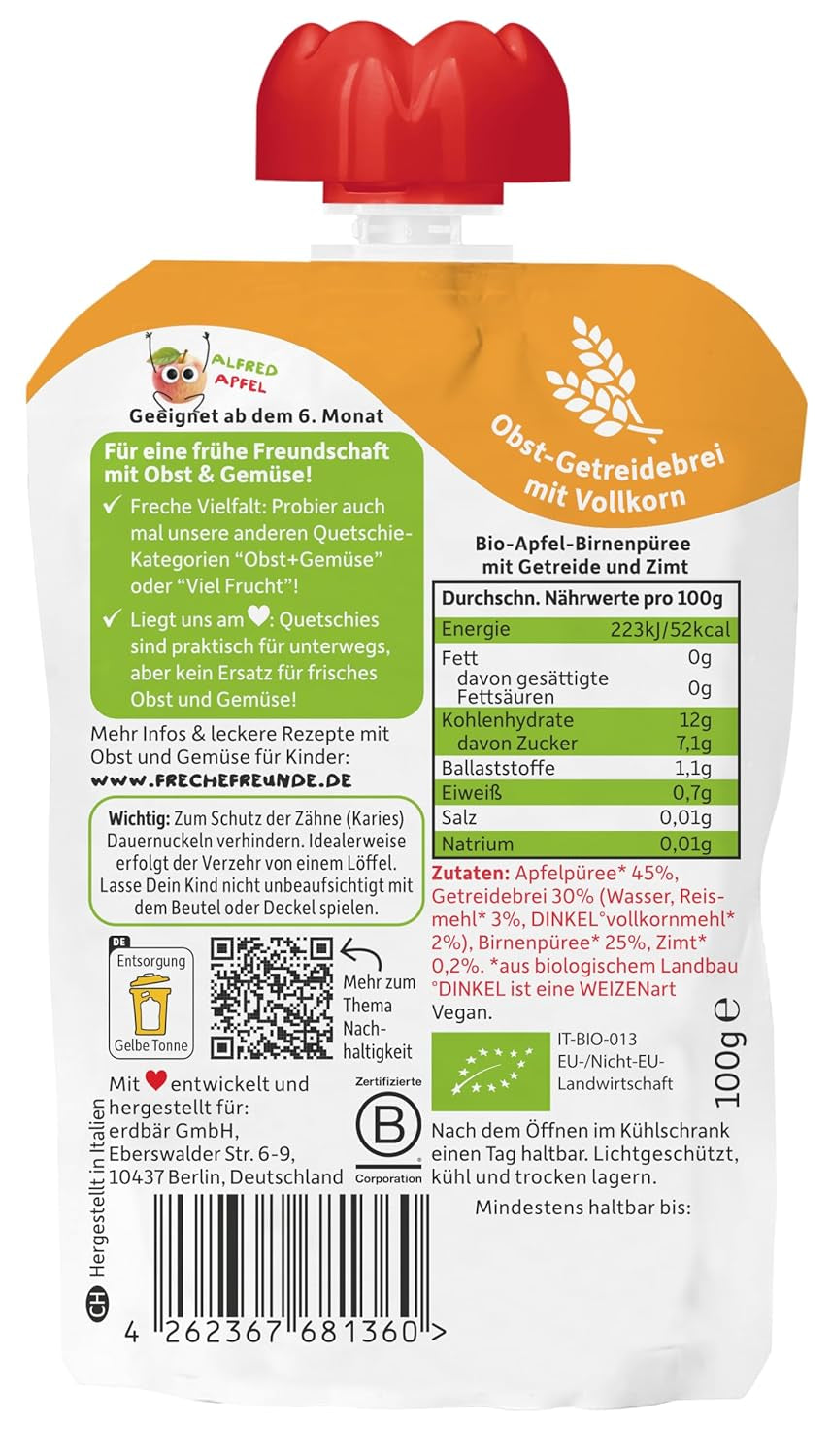 FRECHE FREUNDE Bio vymačkatelné ovocné sáčky Jablko Skořice Hruška Rýže Špaldová ovocná kaše s cereáliemi pro děti 6 měsíců+ Vegan 6 balení (6 x 100 g)