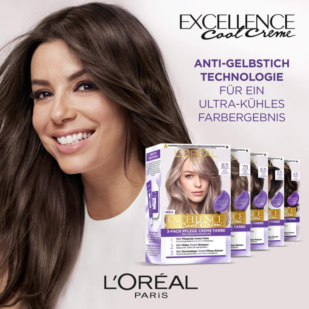 L'Oréal Paris Permanentní barva na vlasy s ultra studeným barevným výsledkem, 100% krytí šedivých vlasů, sada s barvením, šamponem a pečujícím krémem, Excellence Cool Creme, č. 7.11 Ultra cool středně blond (Blond) Barva na vlasy Naty Shop