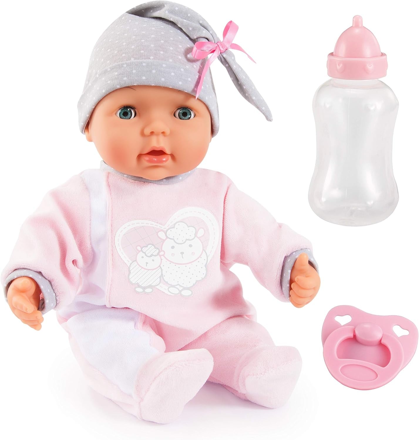 Bayer Design 93829AA Interaktivní panenka My Piccolina s funkcí, Mluvící panenka, Pohybuje ústy, 38 cm, Dudlík, Dětská lahvička, Růžová, Šedá