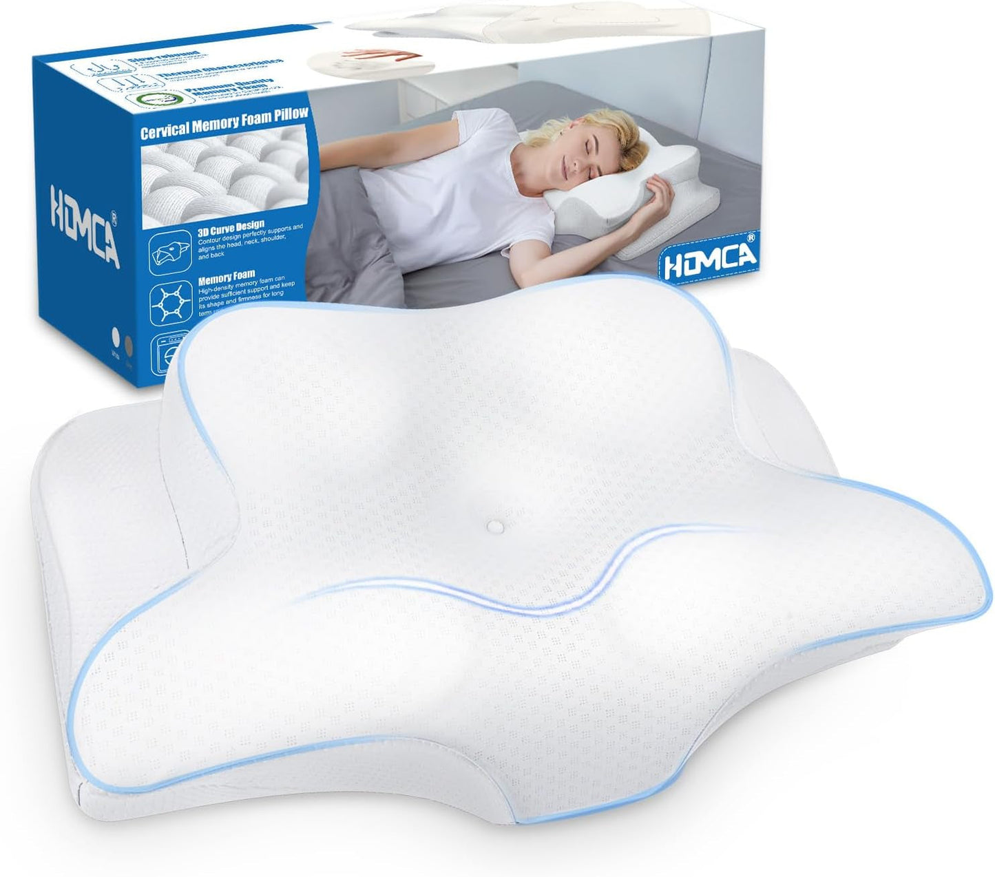 HOMCA polštář na krk, ergonomický polštář z paměťové pěny 3D chladicí povlak na polštář pro polohu na zádech, na boku nebo na břiše, 62 X 41 X 9,5/12,5 cm Krční ortopedické polštáře Naty Shop White