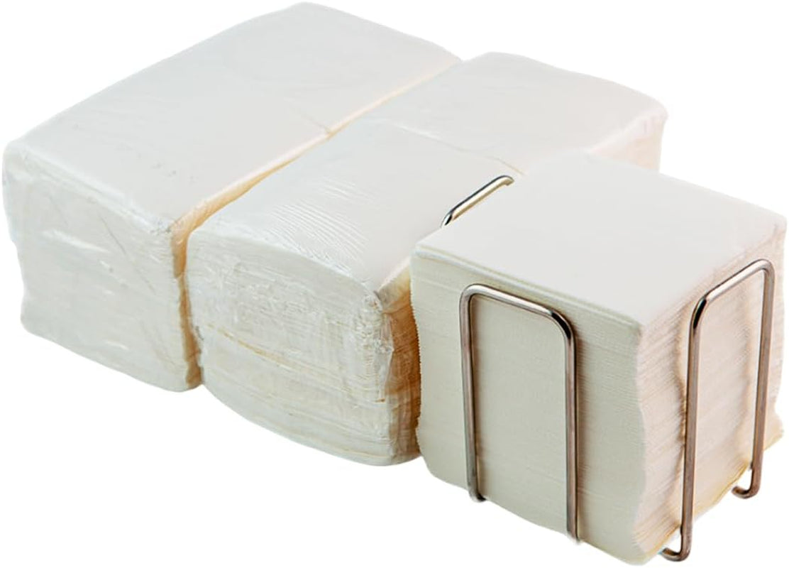 Balení 300 bílých koktejlových papírových ubrousků + držák na ubrousky z nerezové oceli Textura mikroteček Silný absorbent 10 x 10 cm složené dohromady