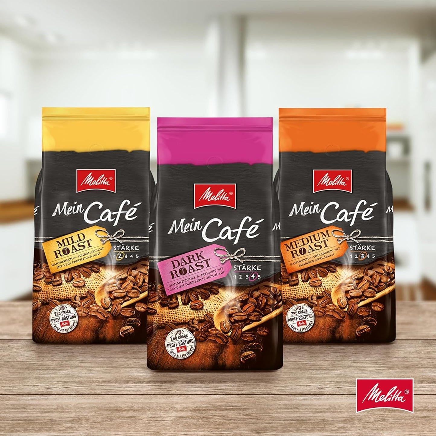 Melitta Mein Café Jemná pečeně, celá Kaffee-Bohnen 1kg, ungemahlen, Kaffeebohnen für Kaffee-Vollautomat, jemná Röstung, Stärke 3