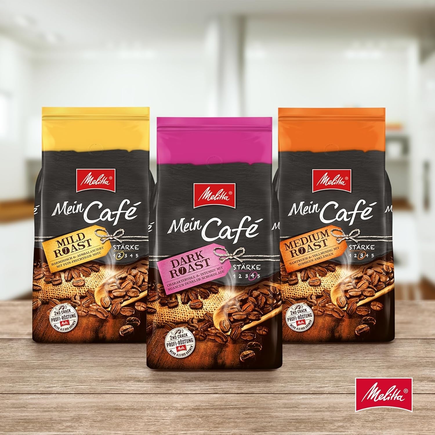 Melitta Mein Café Jemná pečeně, celá Kaffee-Bohnen 1kg, ungemahlen, Kaffeebohnen für Kaffee-Vollautomat, jemná Röstung, Stärke 3