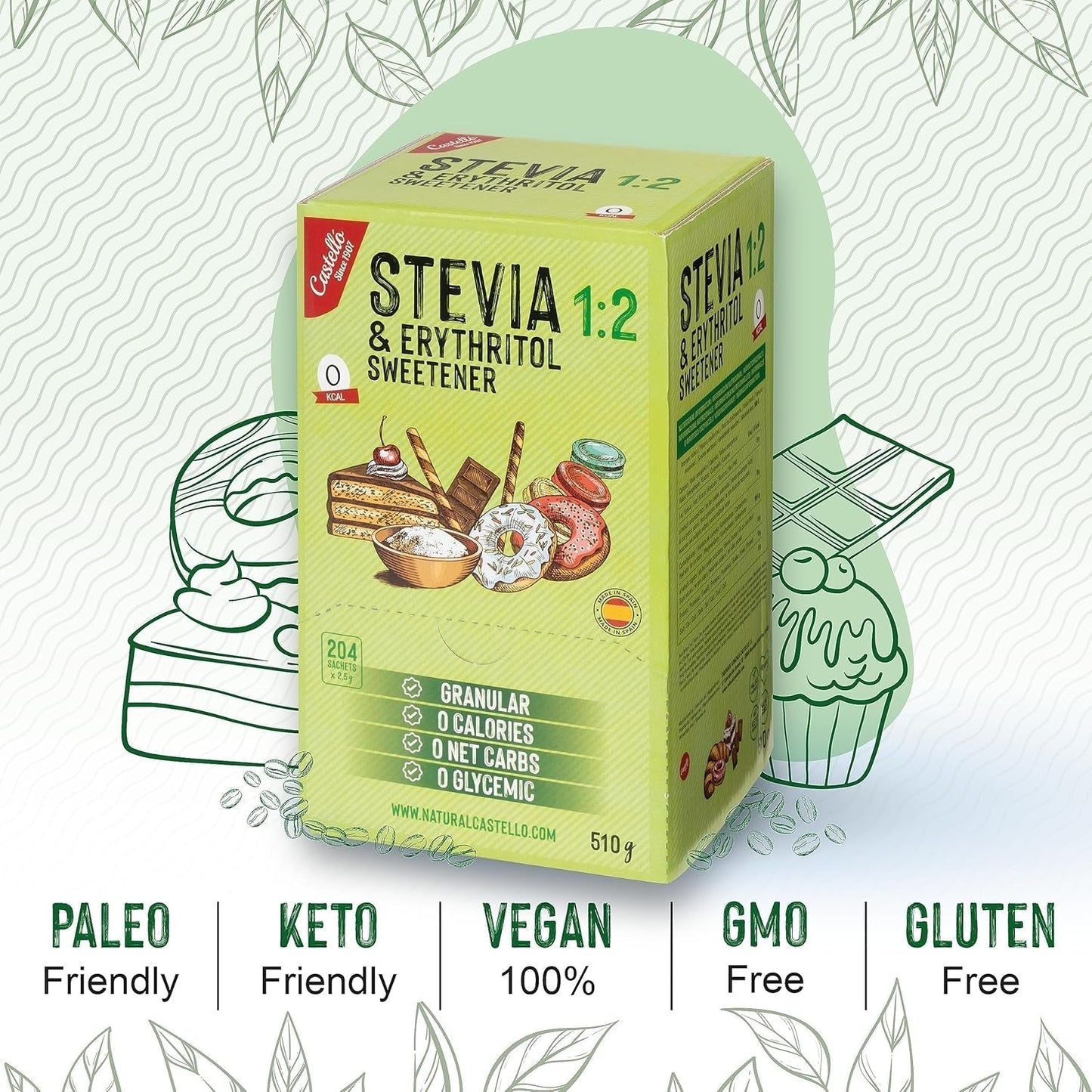 Stévie + Erythritol 1:2 Süßstoff | 204 Myth Bag 2,5 G | 100% Natürlicher Zuckerersatz - 0 Kalorie - 0 Glykämischer Index - Keto Und Paleo - 0 Kohlenhydrate - Kein GVO - Castello od roku 1907-510 G Sladidla Naty Shop