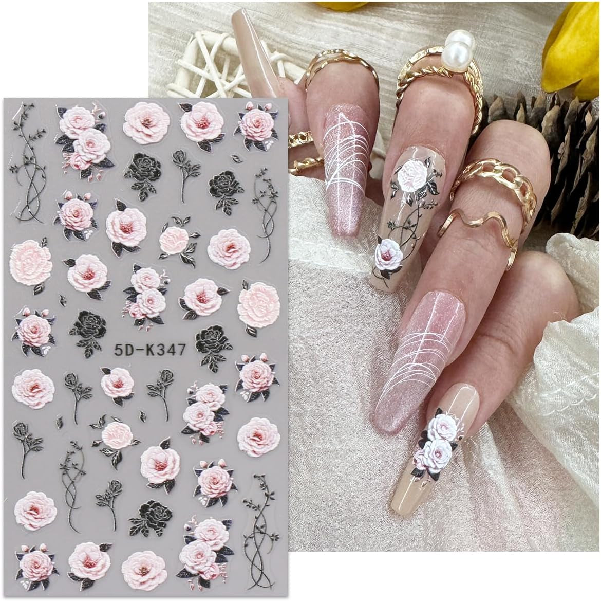 JMEOWIO 3D Nálepka na nehty Blumen Nálepka na nehty Selbstklebend Nagelaufkleber 5D Stereoskopické jarní letní dekorace Nageldesign Zubehör 4 Blatt