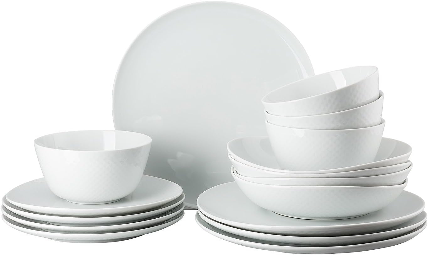 Sada nádobí Rosenthal Junto White, porcelán, bílá, ploché talíře, talíře Ø 22 cm, talíře Ø 21,5 cm a misky na cereálie Ø 14 cm, 0,62 l, vhodné do myčky a mikrovlnné trouby, sada pro 4