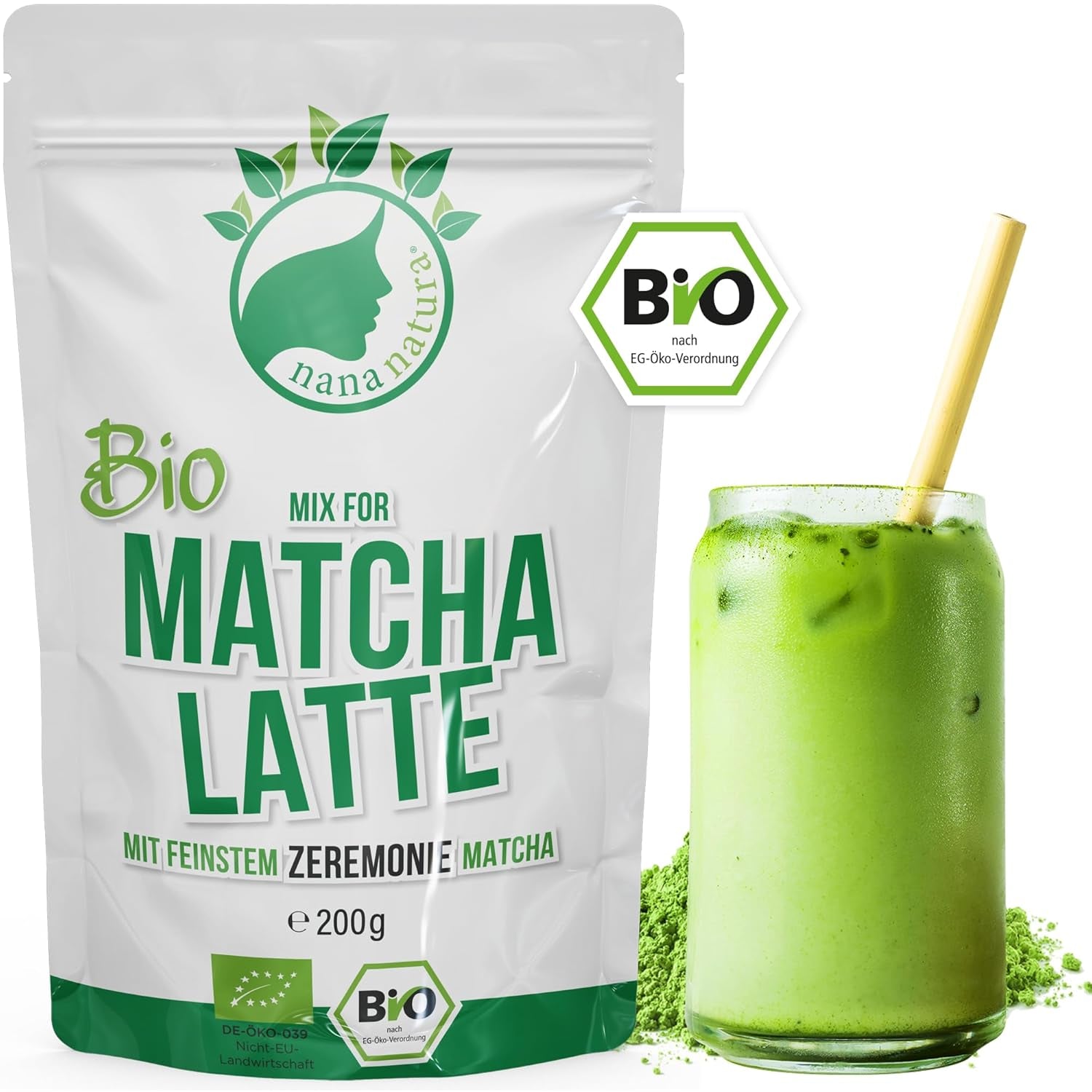 Nananatura'S Bio Matcha Latte Mix s 22% Ceremoniálním práškem ze zeleného čaje z Japonska | Pro jednoduchý a lahodný požitek z čaje | Vhodné také na zmrzlinu a pečivo