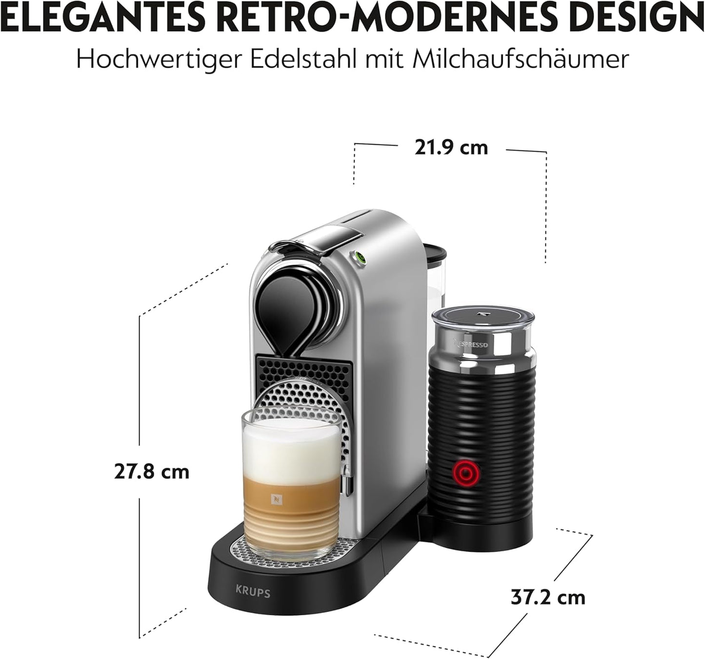 Espresso kávovar s kapslemi Nespresso XN761B Citiz&Milk | Automatický pohotovostní režim | 1260 wattů | Objem nádržky na vodu: 1 l | Tlak čerpadla: 19 bar | Stříbro