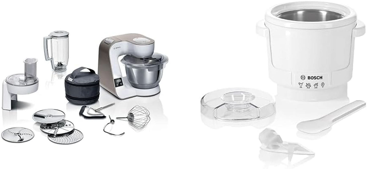 Kuchyňský robot Bosch Series 4 MUM5X720, integrovaná váha, nerezová mísa 3,9L, mixér 1,25L, 1000W Příslušenství Jídlo a kojení Bebe Naty Shop Balíček s výrobníkem ledu Champagne White 2 příslušenství
