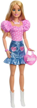 Módní panenka Barbie 71cm blondýnka s odepínacím oblečením Růžová top džínová sukně Kovbojské boty náhrdelník a kabelka HYT84