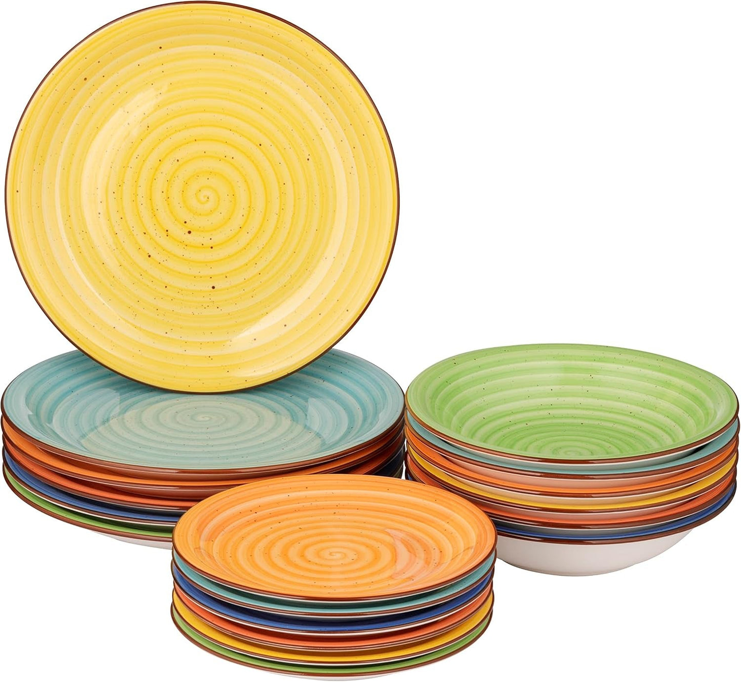Porcelánová a kameninová 18dílná sada nádobí, stolní servis pro 6, barevné desky, vícebarevné vzory