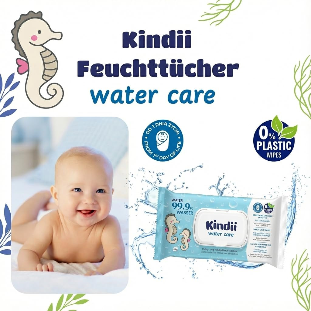 Vlhčené ubrousky Kindii Water Care - Aqua dětské ubrousky - 100% viskóza, 99,9% voda, extrakt z grapefruitu, velikost šátku 150x200, 100% biologicky odbouratelné, bez plastů, čisticí ubrousky pro citlivou pokožku