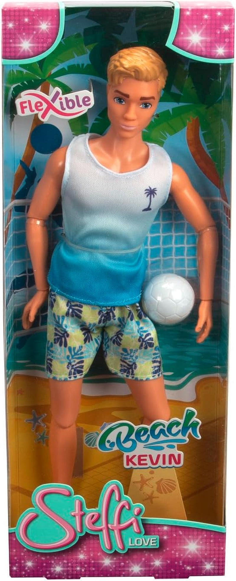 Steffi Love Beach Kevin, Kevin v plavkách s tričkem a volejbalovým míčem, plně pohyblivá, 30 cm hrací panenka, 3 roky a více, bílá Naty Shop Dolls Výchozí název