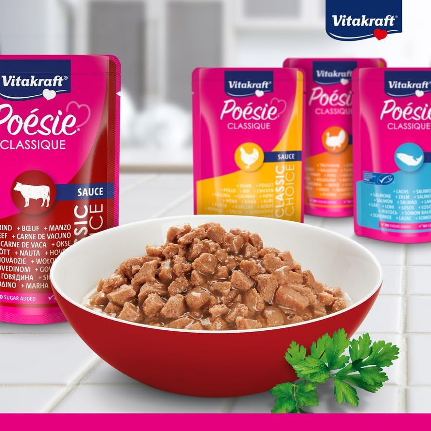 Vitakraft Poésie Classique, mokré krmivo pro kočky, krmivo pro kočky v omáčce, s kuřecím masem, s krůtím masem, s hovězím masem, s lososem, bez přidaného cukru a cereálií (1 balení 12 x 85 g)