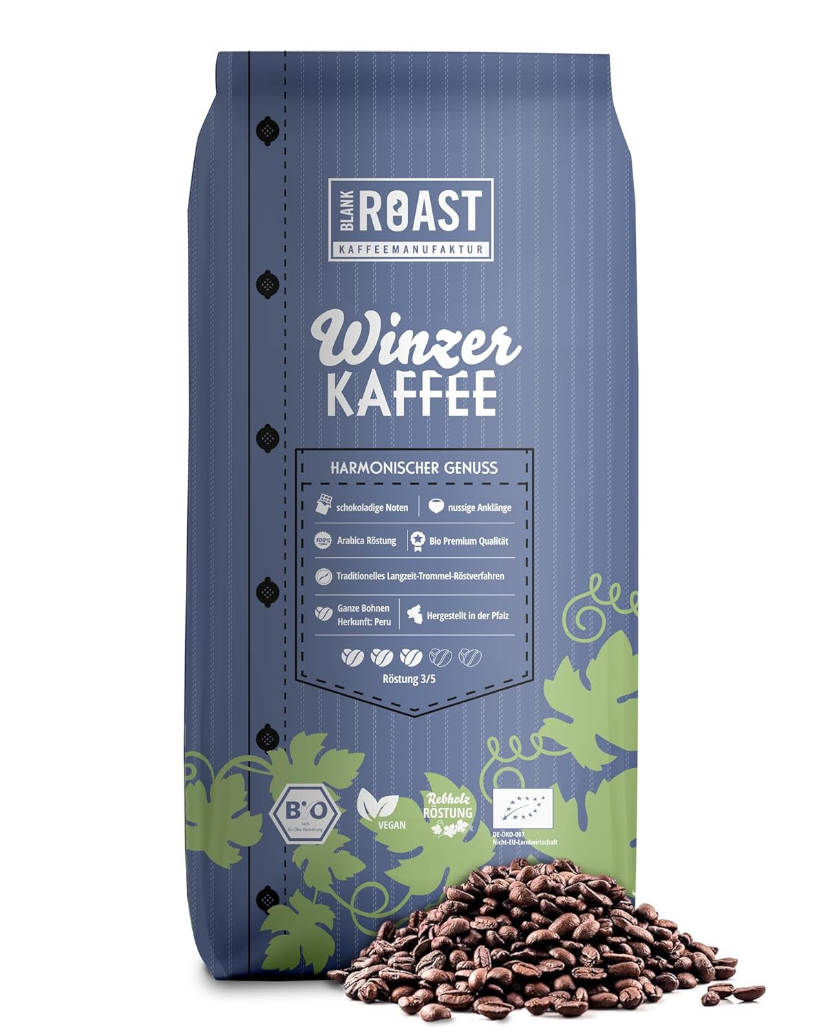 Blank Roast - BIO Winzer Kaffee 1000g - schonend mit Pfälzer Rebholz geröstet - ganze Kaffee-Bohnen aus Peru - 100% Arabica Röstung - schokoladig & nutsig - säurearm