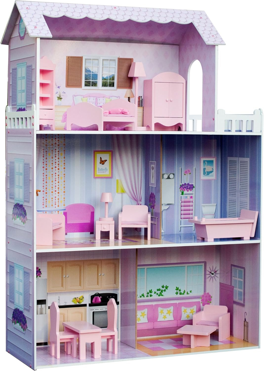 Obří domeček pro panenky Olivia's Small World, velký dřevěný domeček pro panenky s nábytkem a doplňky, 3patrový domeček pro panenky pro děti, domeček pro panenky 12", 3 roky + luxusní domeček pro panenky Naty Shop Mansion