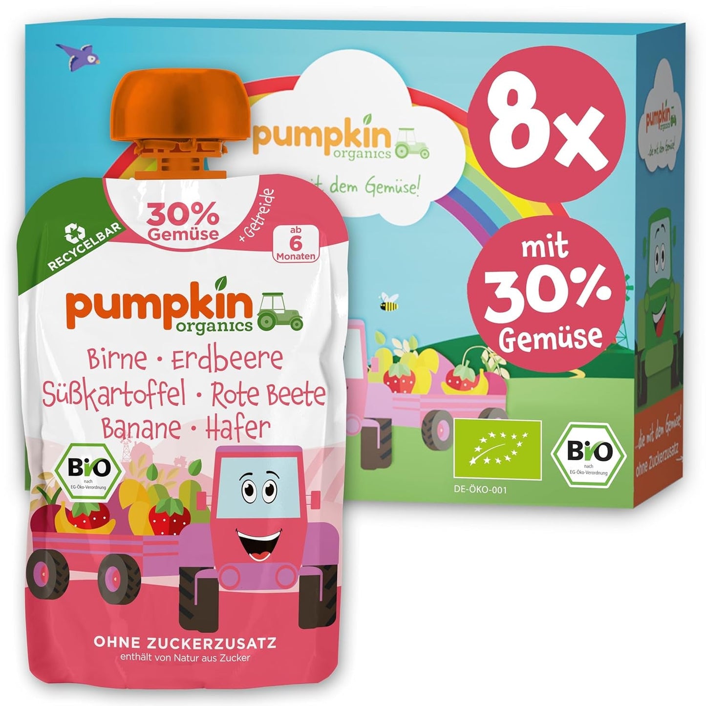 Pumpkin Organics sáčky biozeleniny a cereálií, balení 8 ks: Hruška, Jahody, Batáty, Červená řepa, Banán, Oves - Bez přidaného cukru¹ - Od 6 měsíců - jako svačina nebo doplňková strava v balení (8 x 100 g)