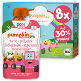 Pumpkin Organics sáčky biozeleniny a cereálií, balení 8 ks: Hruška, Jahody, Batáty, Červená řepa, Banán, Oves - Bez přidaného cukru¹ - Od 6 měsíců - jako svačina nebo doplňková strava v balení (8 x 100 g)