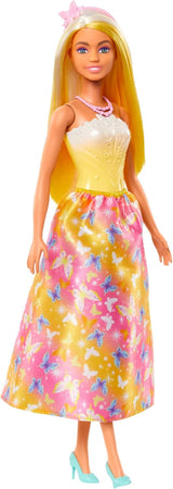 Královská panenka Barbie s efektními vlasy s barevnými pramínky, barevnými doplňky, přechodovým žlutým topem a motýlí sukní, HRR09 Naty Shop Dolls Výchozí název