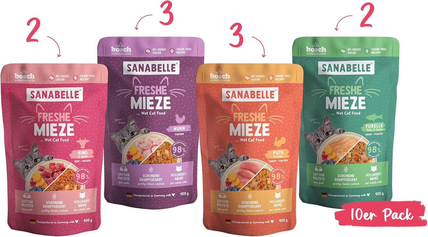 Sanabelle Freshe Mieze - Mixtray | 10 x 100g Mixpack | 4 lahodné druhy krmiva pro kočky k vyzkoušení | Mokré krmivo pro kočky v páře, stejně jako čerstvě uvařené