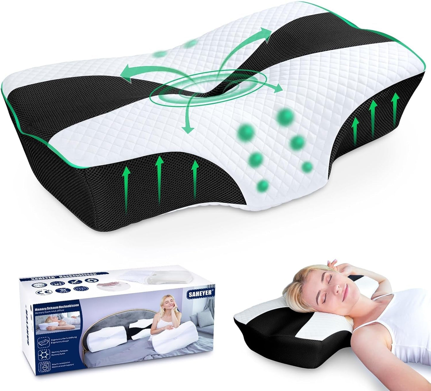 SAHEYER ortopedický polštář šíjová opěrka polštář hlavový polštář ergonomický šíjový polštář boční spací polštář 60 X 40 X 13/11 cm polštář z paměťové pěny pro postranní spánek záda a žaludek Cervikální ortopedické polštáře Naty Shop Black