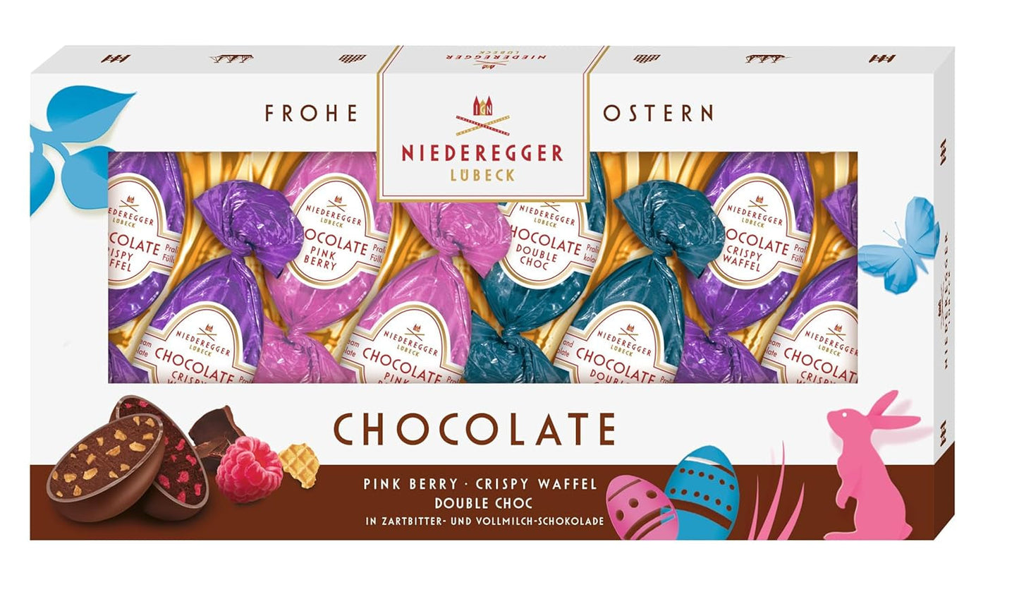 Niederegger | Čokoládová vajíčka | 1 x 100 g | Čokoládová vajíčka s příchutí růžových bobulí, křupavé oplatky a dvojité čokolády | Polévaný v hořké a mléčné čokoládě | Velikonoční dárek | Čokoládová vajíčka
