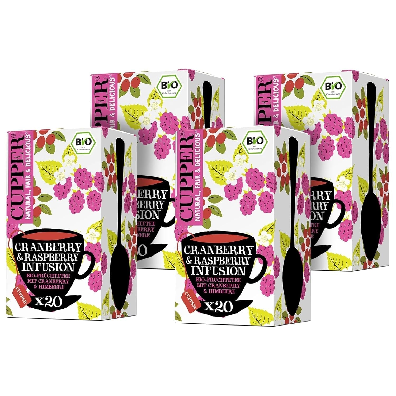 4Er Pack CUPPER Organický ovocný čaj "Cranberry & Raspberry Infusion", 4X20 nebílé čajové sáčky, bio, fair trade