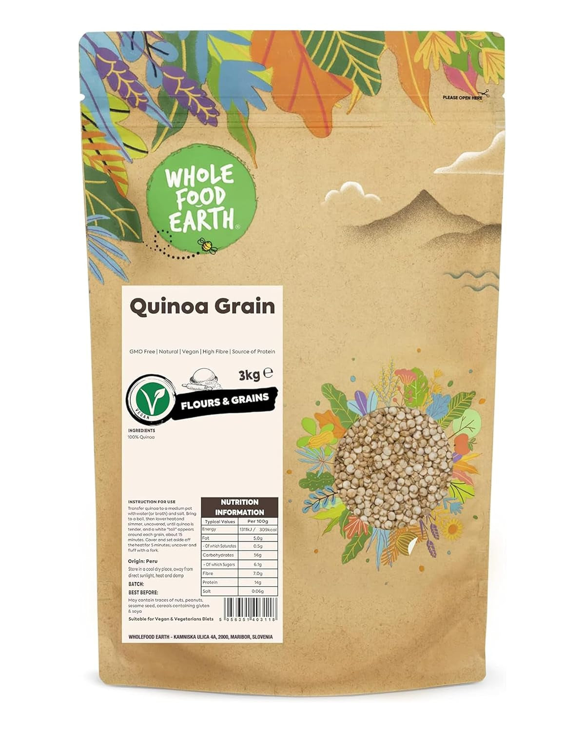 Wholefood Earth zrna quinoy - bez GMO - přírodní - veganská - bez mléčných výrobků - bez přidaného cukru - 3 kg