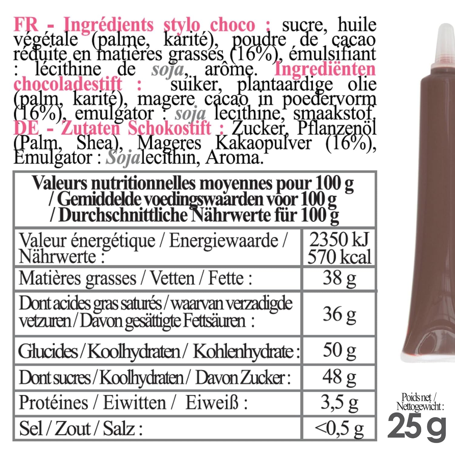 Scrapcooking - Hnědé čokoládové pero - Čokoládový cukr na psaní 25 g - Jedlé ozdobné cukrové pero - Psaní a kreslení - Označování fondán, poleva, dorty - 6801