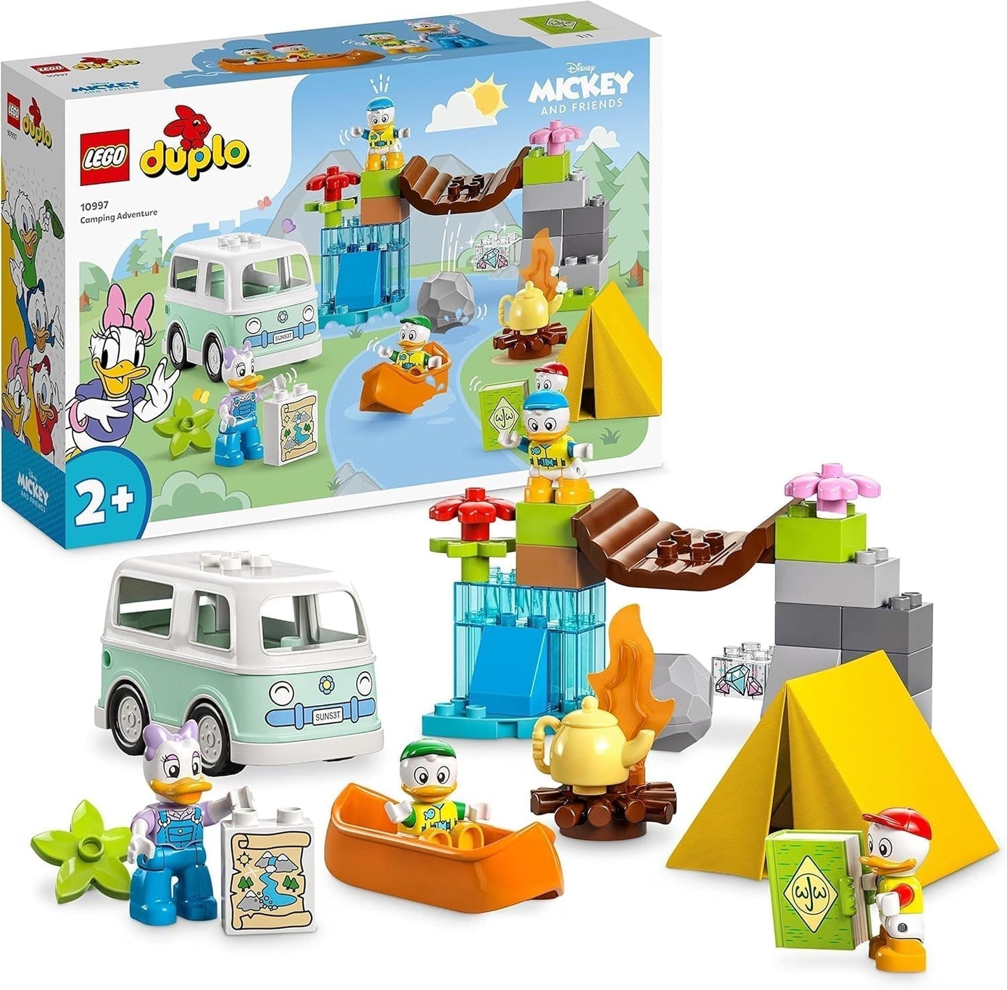 LEGO 10997 DUPLO Disney Mickey and Friends Campingová dobrodružná sada s karavanem, kánoí a figurkou kachny Daisy, stavebnice Dárek pro batolata od 2 let, dívky a chlapce Stavebnice Beuche den LEGO-Store Singur