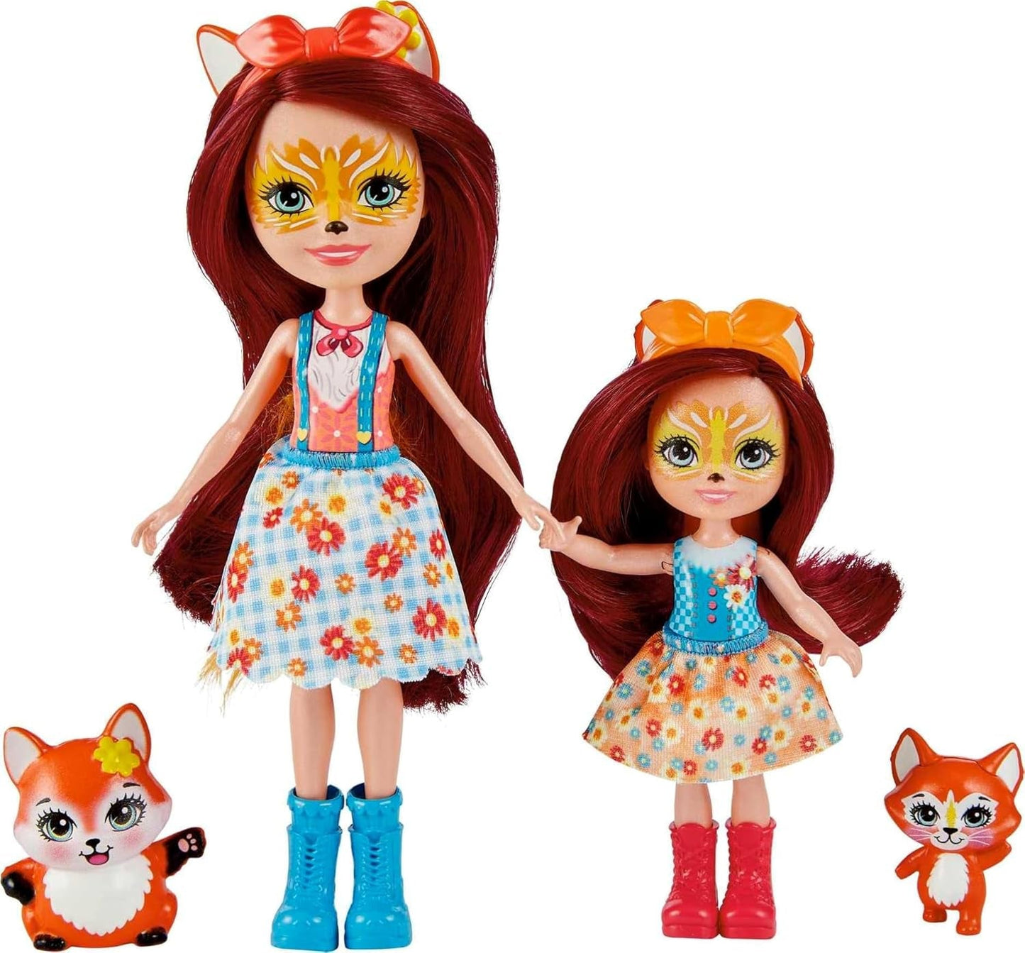 Enchantimals HCF81 - Felicity Fox a její sestřička (cca 15cm a cca 10cm) a 2 figurky zvířátek, odepínací sukně a doplňky, skvělý dárek pro děti od 3 let