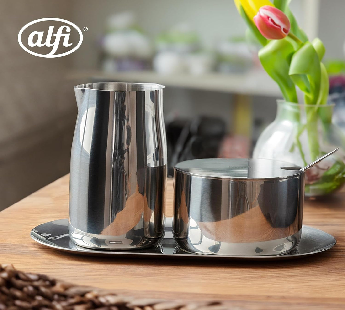 SET MLÉKO A CUKR Alfi vysoce kvalitní leštěná nerezová sada mléka a cukru, elegantní design, vhodné do myčky, odolné