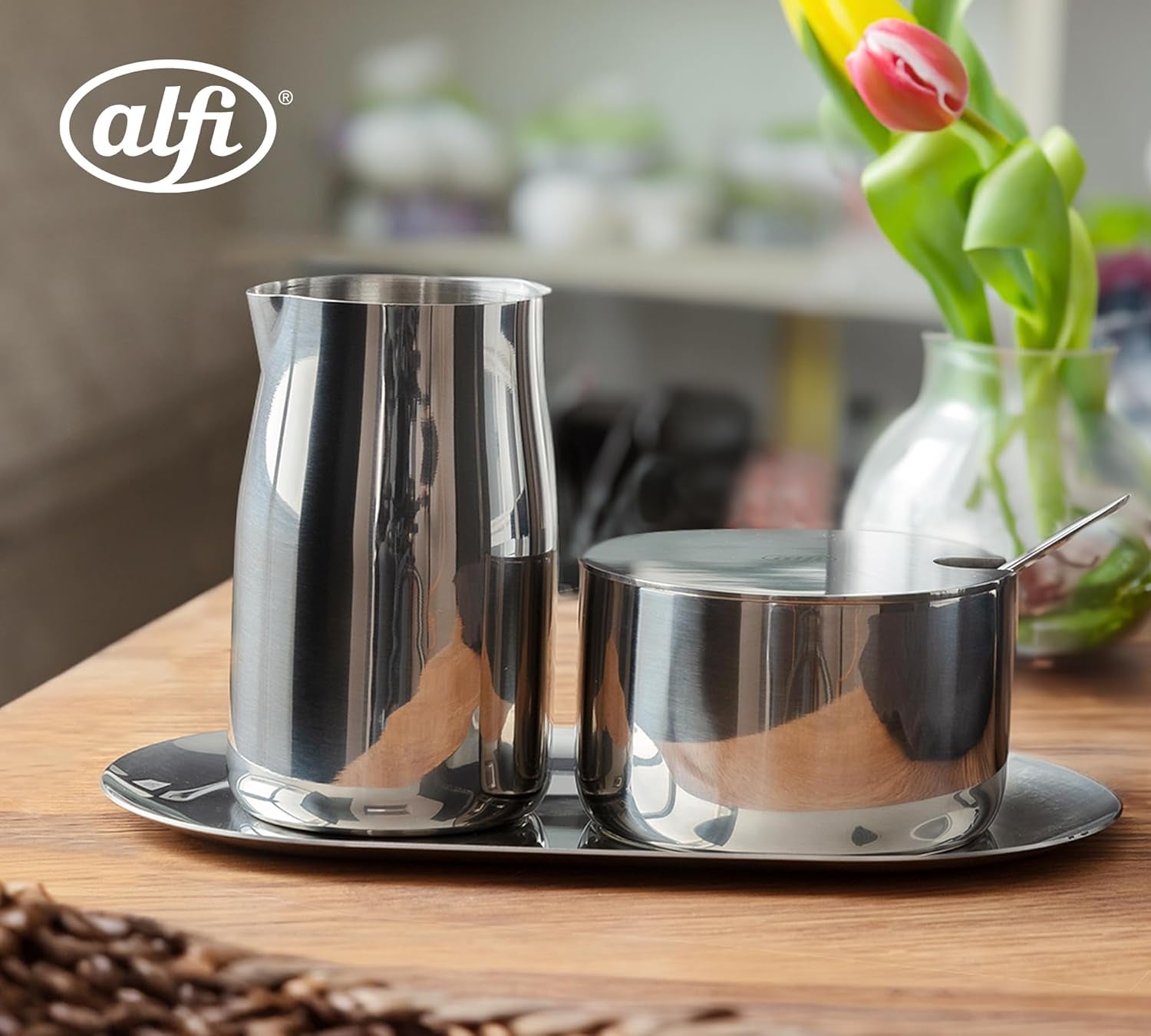SET MLÉKO A CUKR Alfi vysoce kvalitní leštěná nerezová sada mléka a cukru, elegantní design, vhodné do myčky, odolné