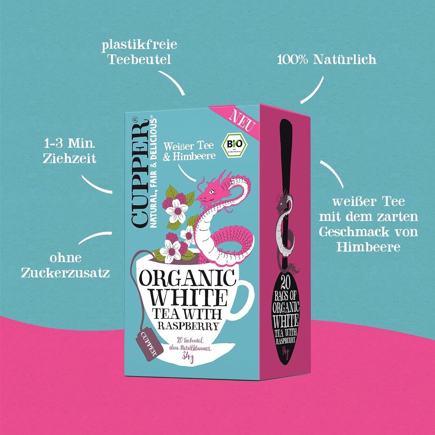 Cupper Bio bílý čaj, malina, 20 sáčků, 34 g (balení po 4 ks)