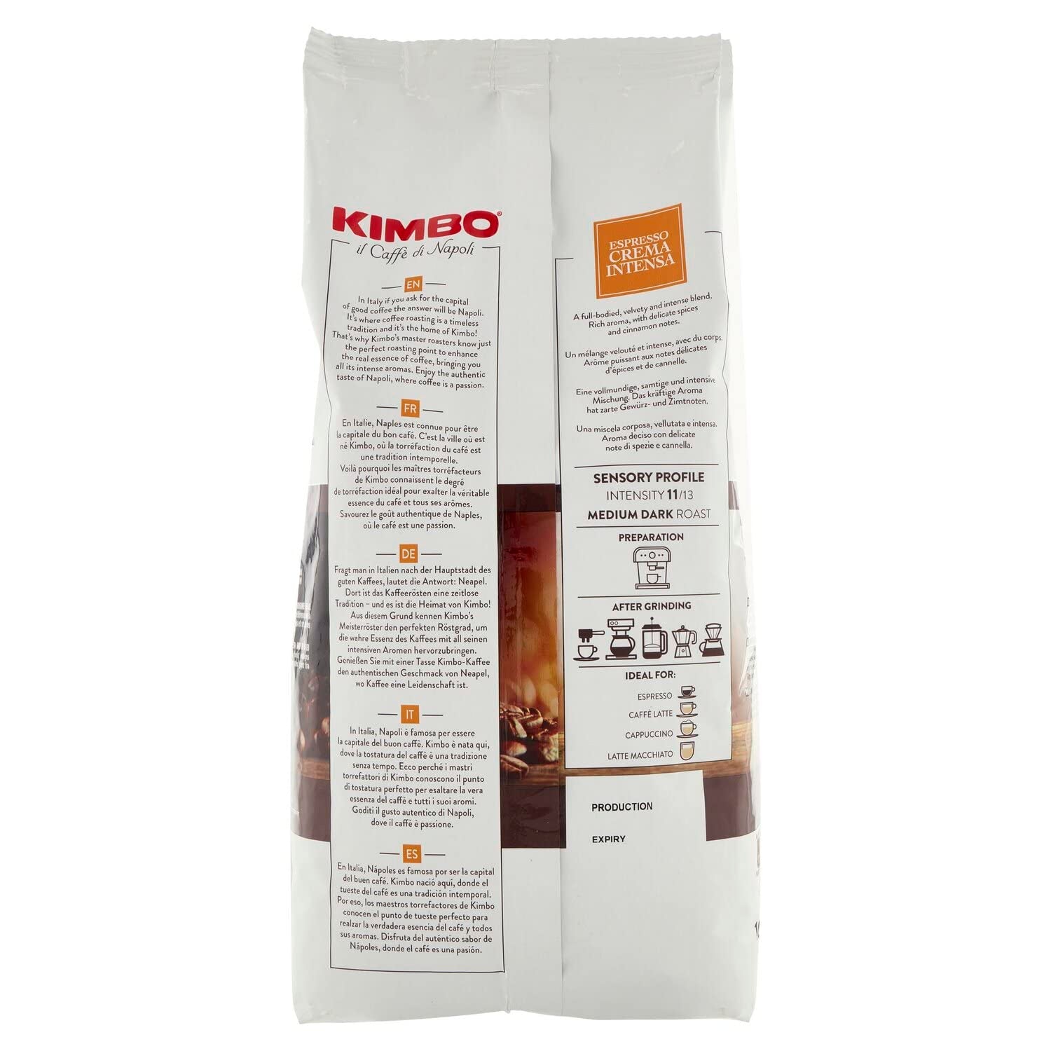 3x kávová zrna Espresso Intense Cream, středně tmavá pečeně, celá kávová zrna, 1 kg sáček, káva z Neapole