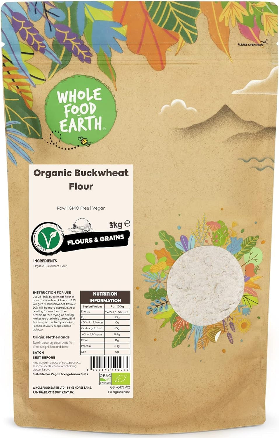 Pohanková mouka celofood Earth BIO 1kg | Krutý | Bez GMO | Vegan | Certifikované organické