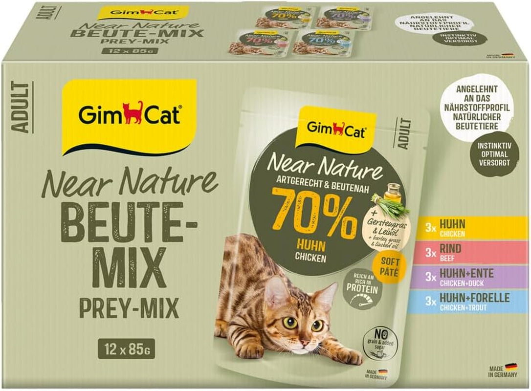 GimCat Near Nature Trial Mix 12 Pack - Bezobilné krmivo pro kočky od 7 měsíců s recepturou vhodnou pro daný druh a kořist - 12 sáčků (12 x 85 g)