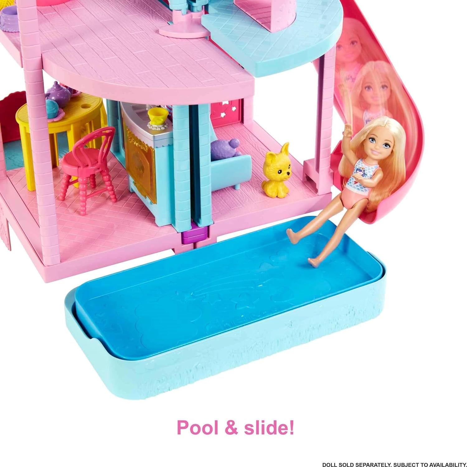 Barbie Chelsea Playhouse – 3 transformující se patra, tajná hřiště, výtah, bazén, skluzavka, 2 mazlíčci a 20+ příslušenství, pro věk 3+, HHX44