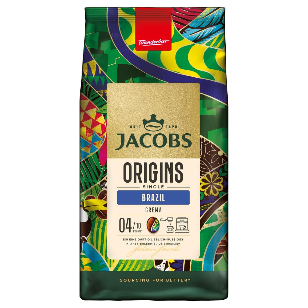 Jacobs Kaffeebohnen Origins Brazílie, mírný ořech Geschmack aus Brasilien, geröstet v Brémách, Intensität 4/10, Kaffee ganze Bohnen, 1 kg
