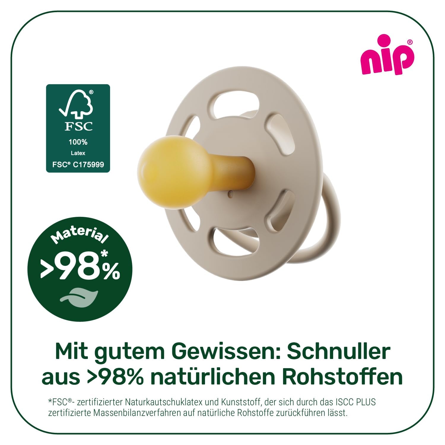nip - Cherry Green | 0-6 měsíců | Balení 4 ks | Dětský dudlík, vhodný pro kojení a prořezávání zoubků. Udržitelný dudlík, vyrobený z přírodních surovin, světle zelená/hnědá