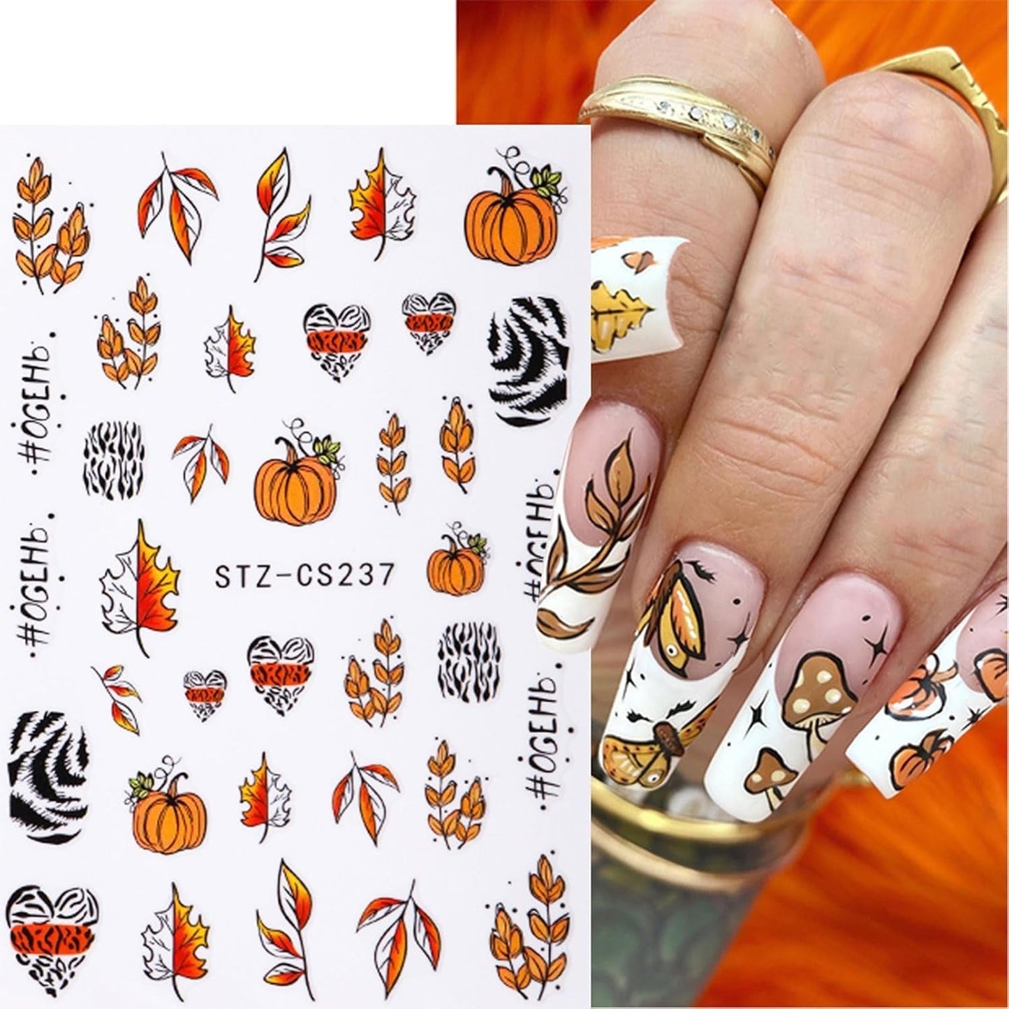 JMEOWIO Nálepka na nehty Herbst 9 Blatt Nálepka na nehty Selbstklebend Nagelaufkleber Kürbis Ahornblatt Erntedankfest Dekoration Nageldesign Zubehör