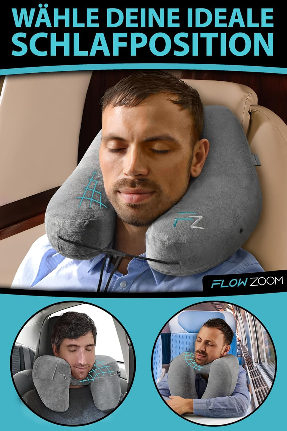 FLOWZOOM AIR Nafukovací polštář na krk s kapucí - Polštář na krk do letadla - Cestovní polštář - Cestovní polštář na krk - Rychlý nafukovací polštář na krk - Polštář do letadla - Cestovní polštář - Polštář na krk pro dospělé (šedý) Ortopedické polštáře na krk Naty Shop