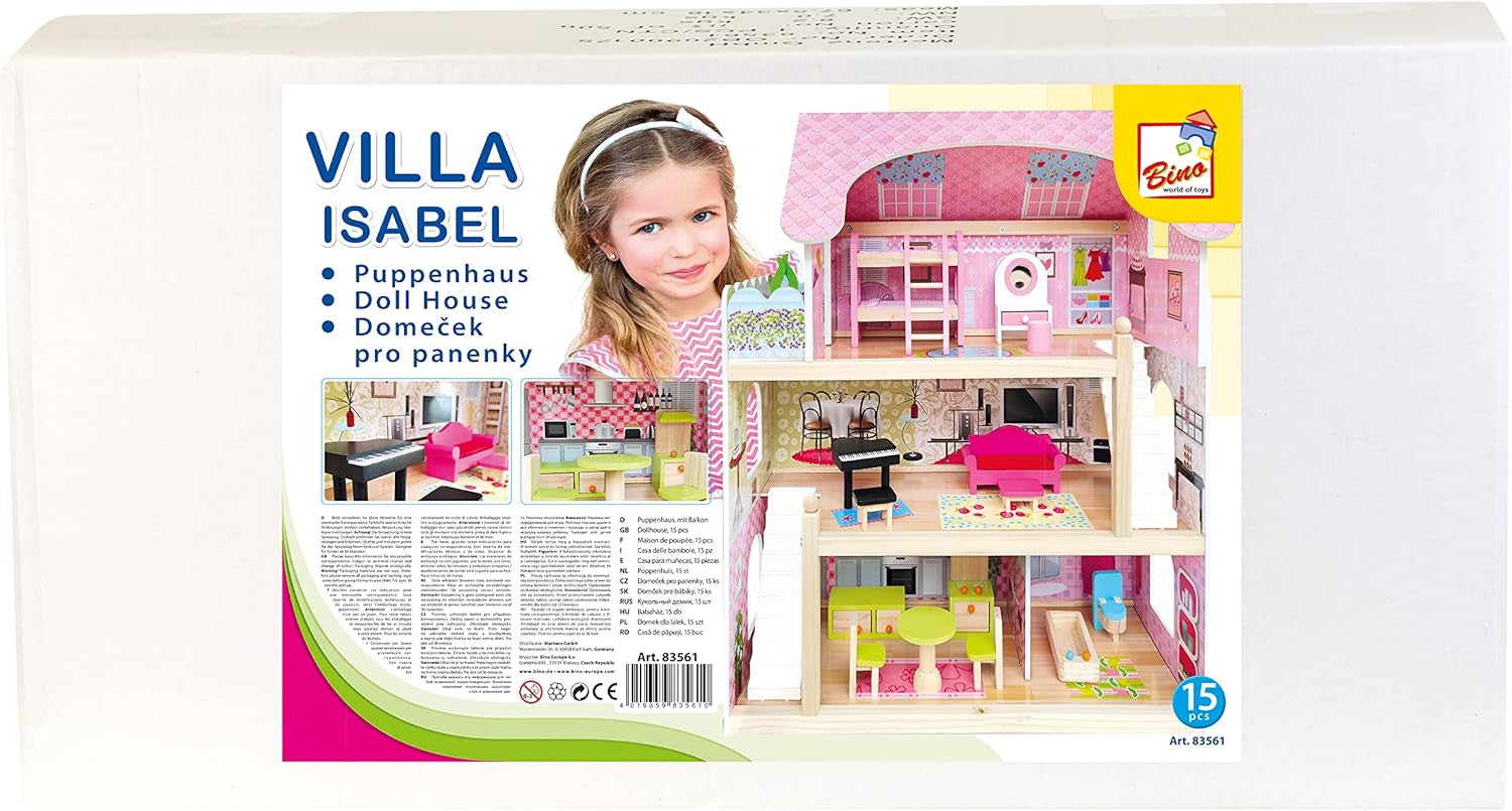 Bino World of Toys Domeček pro panenky s balkonem, Hračka pro batolata od 3 let, se 3 patry, schodištěm, 4 pokoji a balkonem vč. 15-TLG. Doplňky, Pro podporu dětských dovedností, Růžový design domečků pro panenky Naty Shop