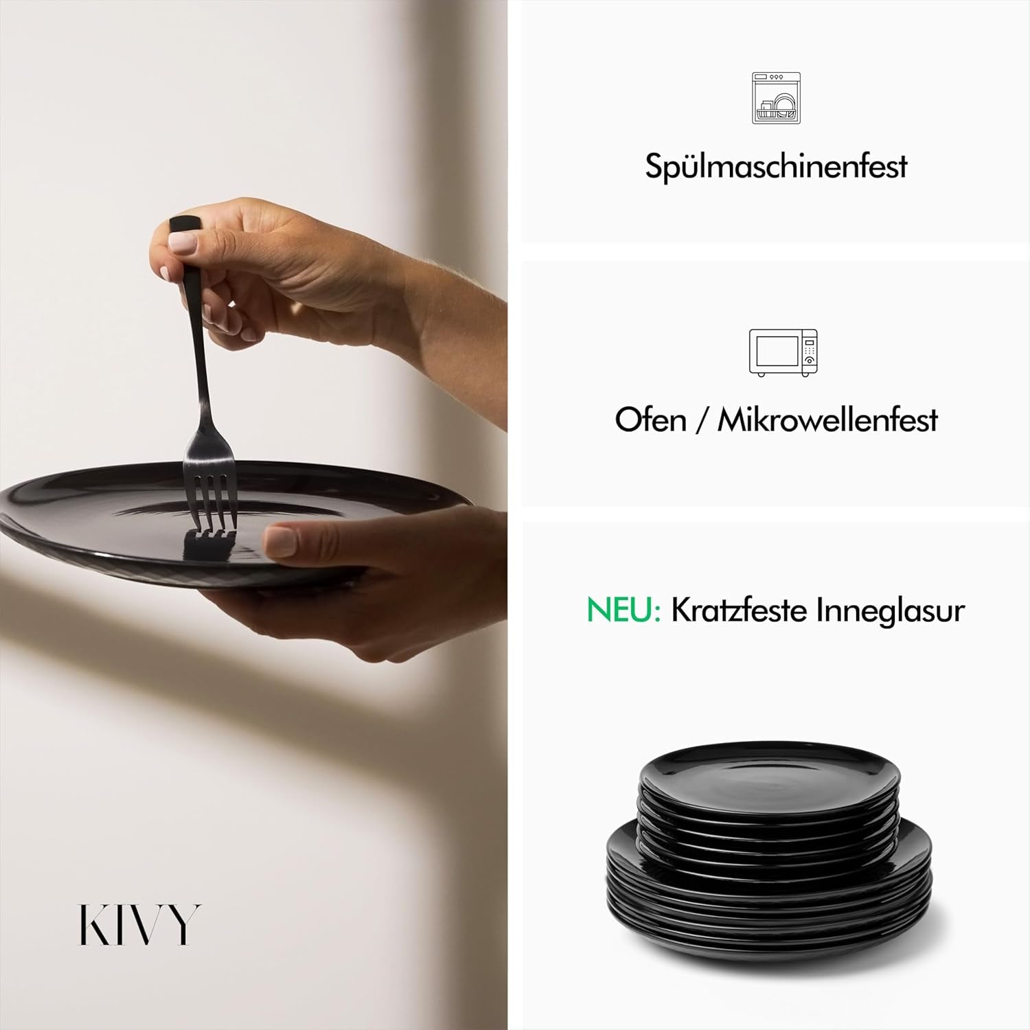 KIVY Geschirrset 6 Personen[Kratz & Spülmaschinenfest] 6x27cm + 6x22cm - Teller Set 12dílný moderní - Geschirr Set - Kombiservice - Geschirrset - Teller Set Schwarz - Teller Schwarz Matt