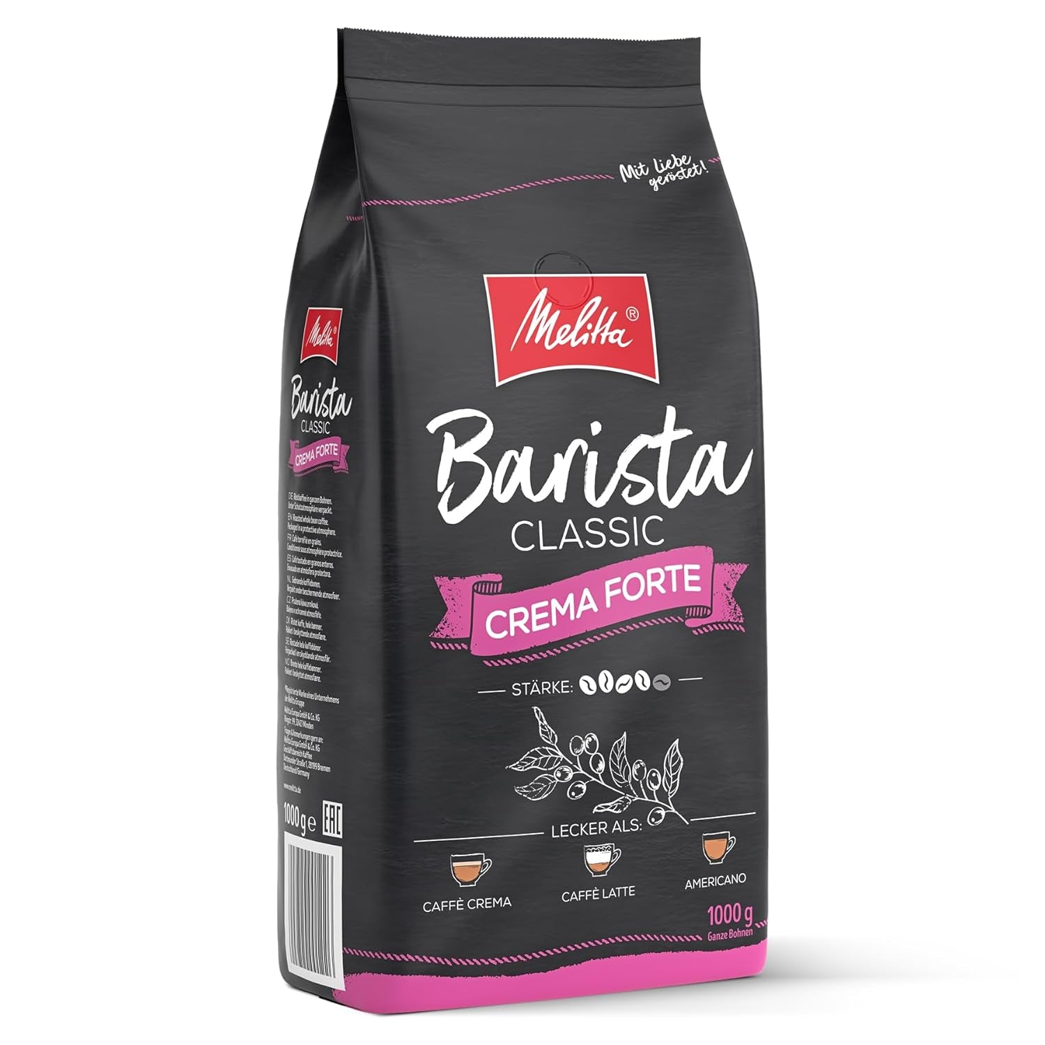 Melitta Barista Classic Crema Forte, Celá kávová zrna 1kg, Ungemahlen, Kávová zrna do kávovaru, Silné pražení, Stärke 4