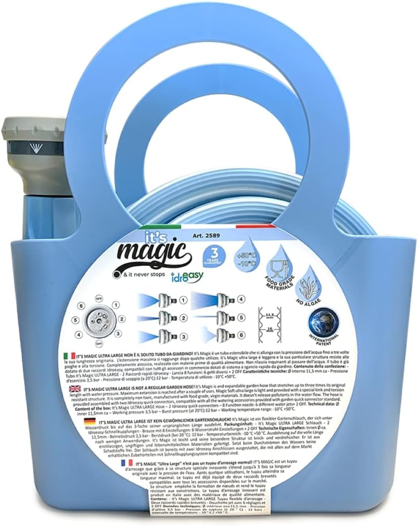 Magic Blue 10metrová prodlužovací zahradní hadice odolná proti uzlu a kroucení se sáčkem a rozprašovací tryskou